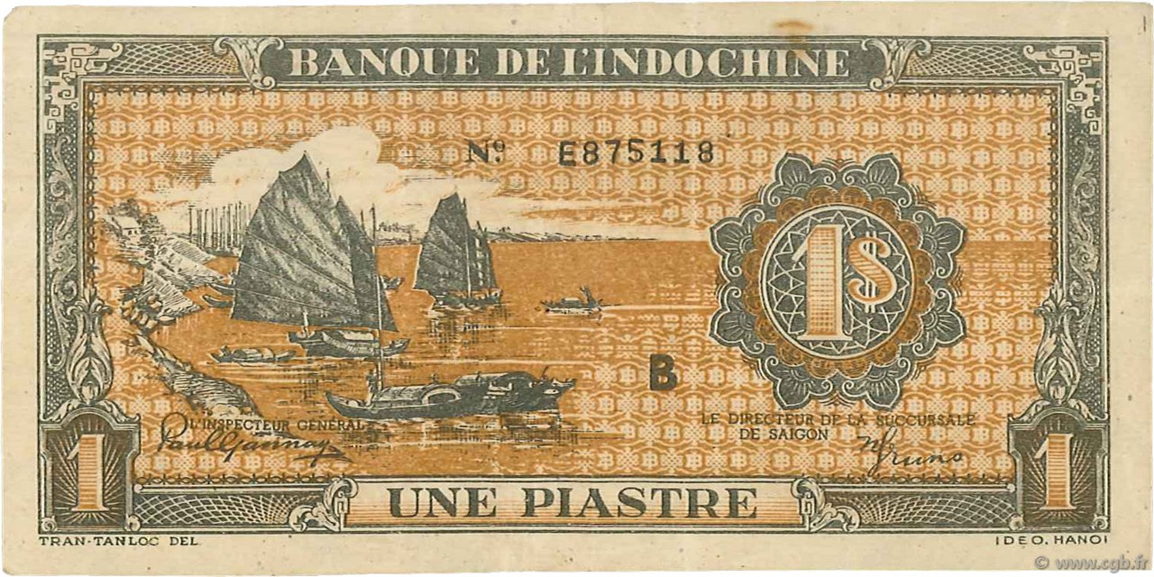 1 Piastre orange INDOCINA FRANCESE  1942 P.058a BB