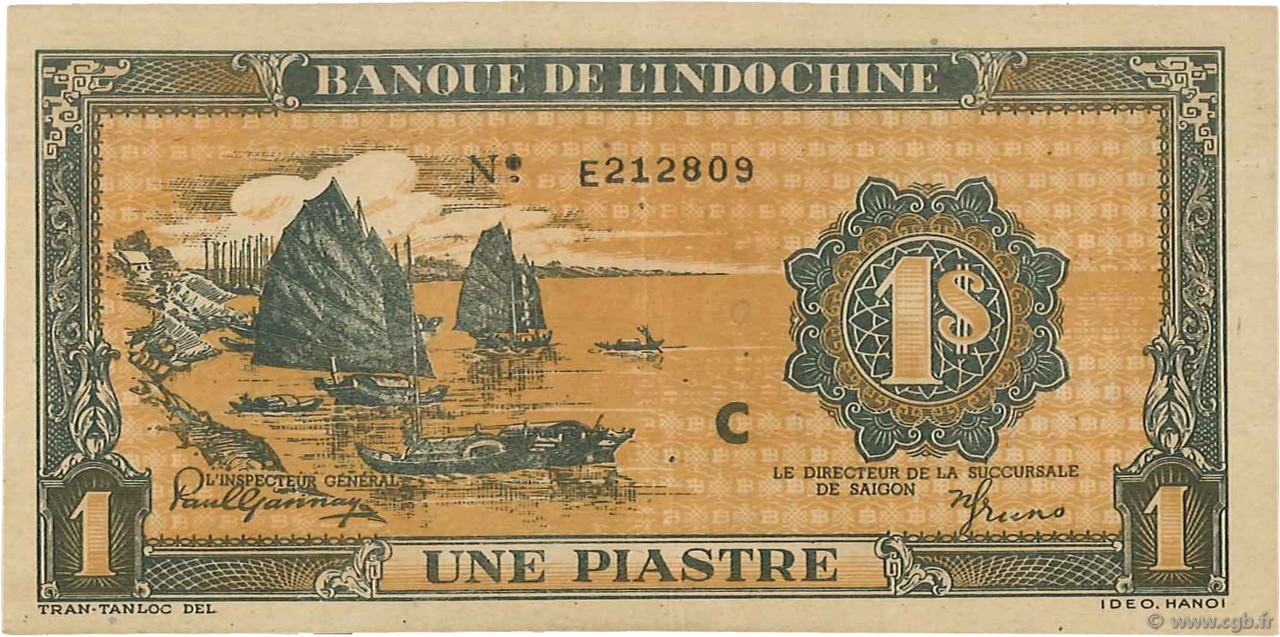 1 Piastre orange INDOCINA FRANCESE  1942 P.058a AU