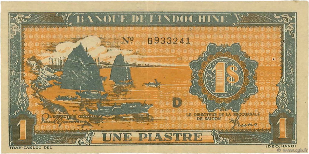 1 Piastre orange FRENCH INDOCHINA  1942 P.058a VF+