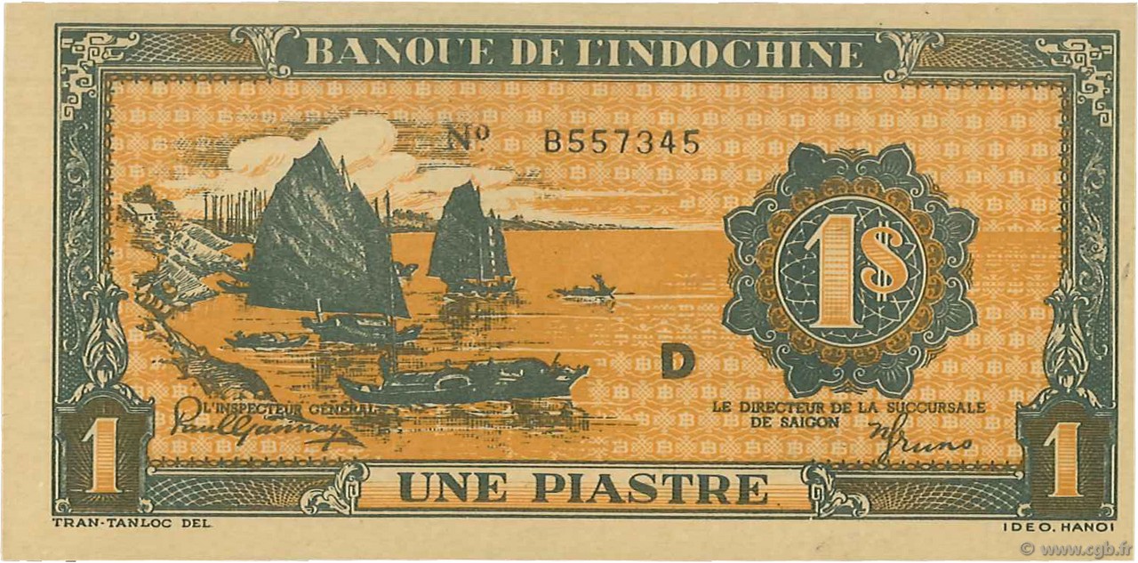 1 Piastre orange INDOCINA FRANCESE  1942 P.058a FDC