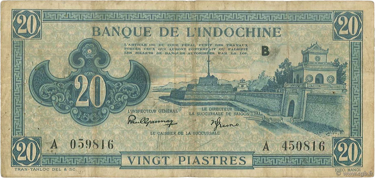 20 Piastres bleu FRANZÖSISCHE-INDOCHINA  1942 P.065 S
