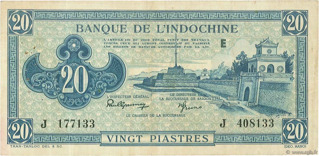 20 Piastres bleu INDOCINA FRANCESE  1942 P.065 BB