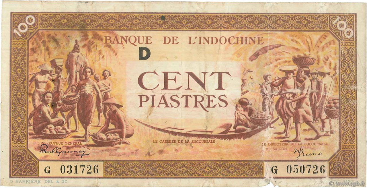 100 Piastres orange INDOCINA FRANCESE  1942 P.066 q.MB