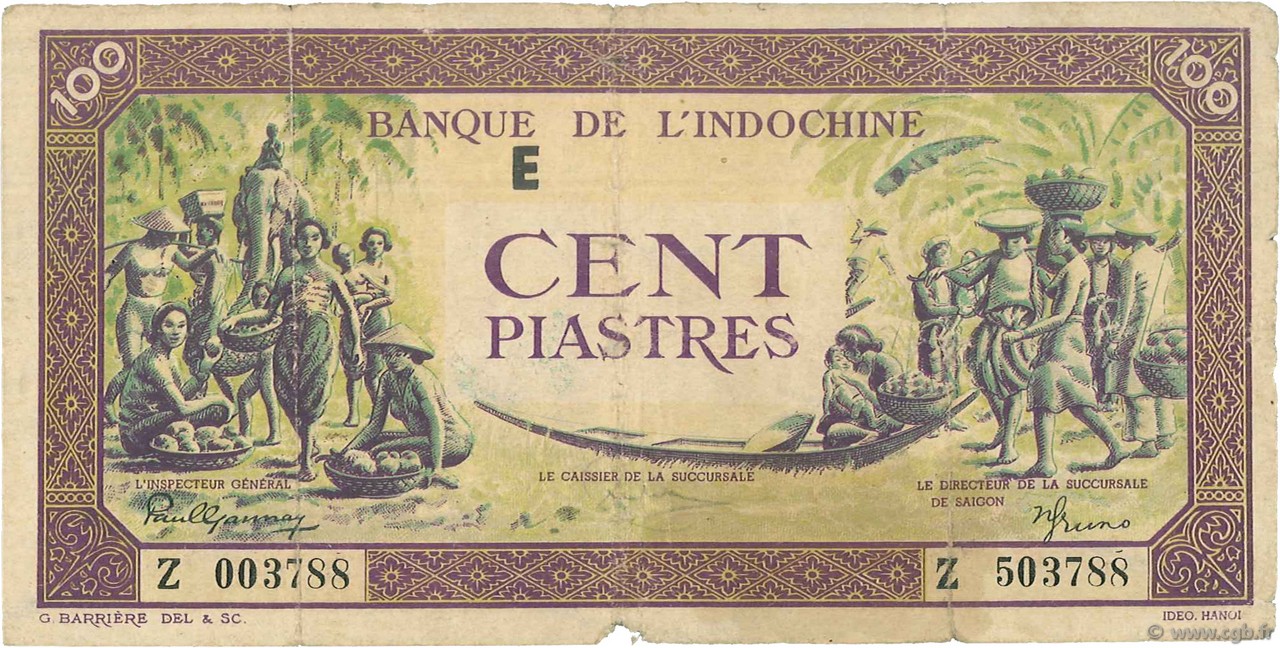 100 Piastres violet et vert FRENCH INDOCHINA  1942 P.067 VG