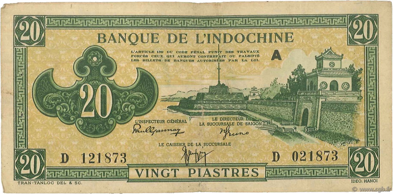 20 Piastres vert INDOCINA FRANCESE  1942 P.070 q.BB