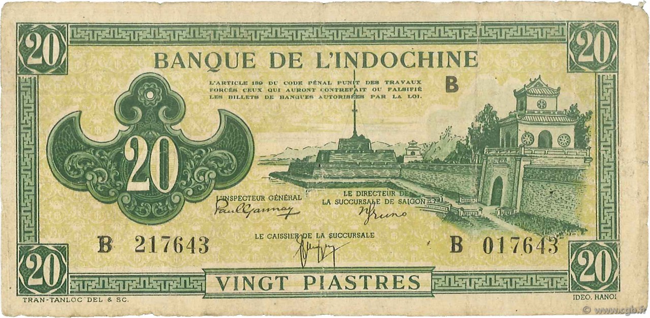20 Piastres vert FRENCH INDOCHINA  1942 P.070 VG