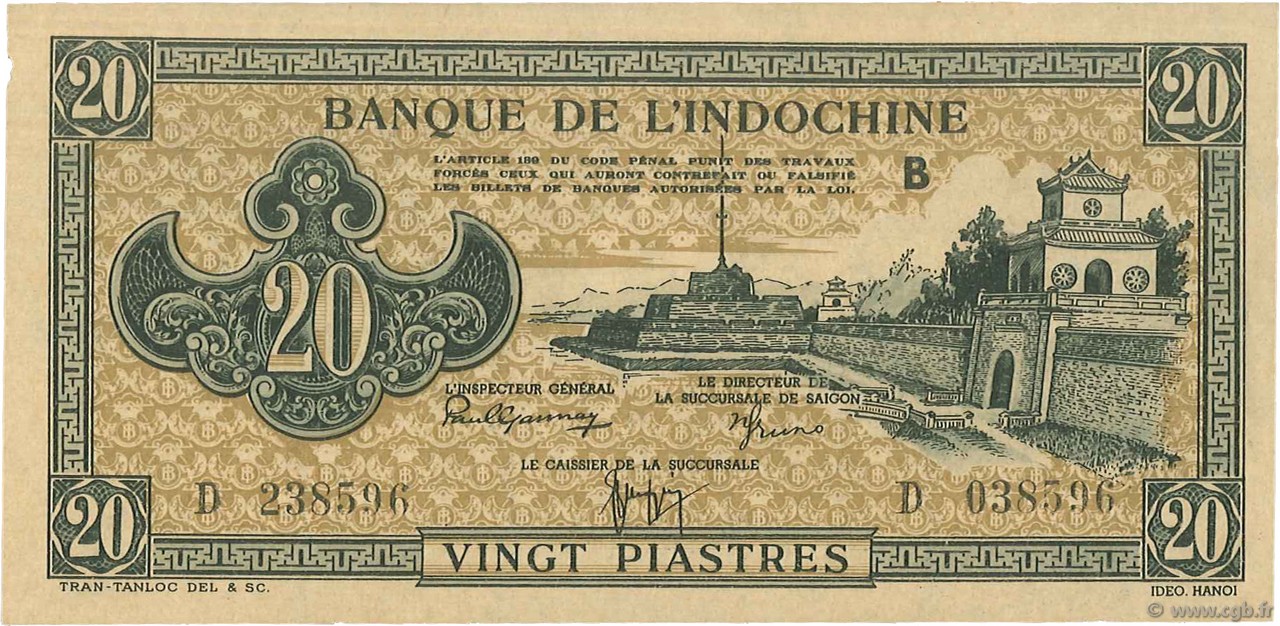 20 Piastres marron INDOCINA FRANCESE  1942 P.071 AU