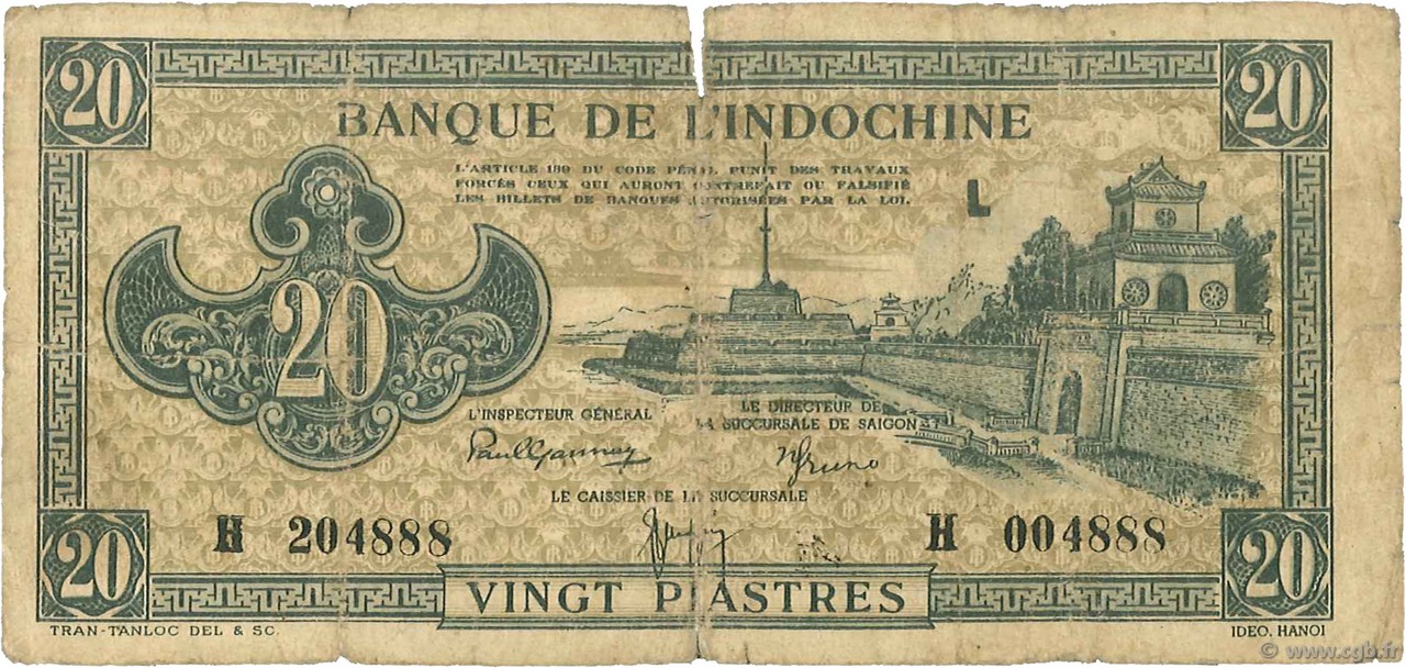 20 Piastres marron INDOCINA FRANCESE  1942 P.071 B