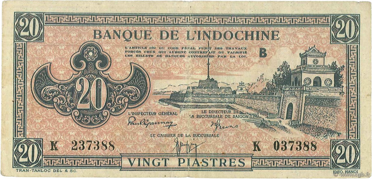 20 Piastres rose orangé INDOCINA FRANCESE  1942 P.072 q.BB