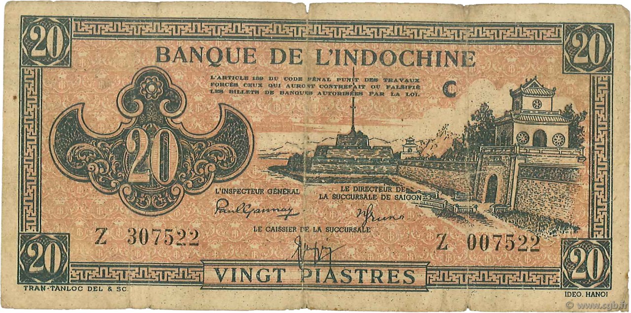 20 Piastres rose orangé FRANZÖSISCHE-INDOCHINA  1942 P.072 SGE