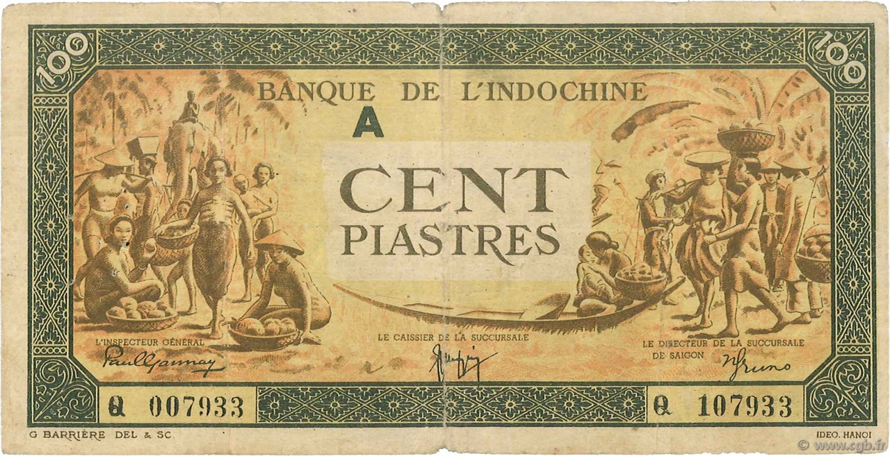 100 Piastres orange, cadre noir INDOCINA FRANCESE  1942 P.073 q.MB