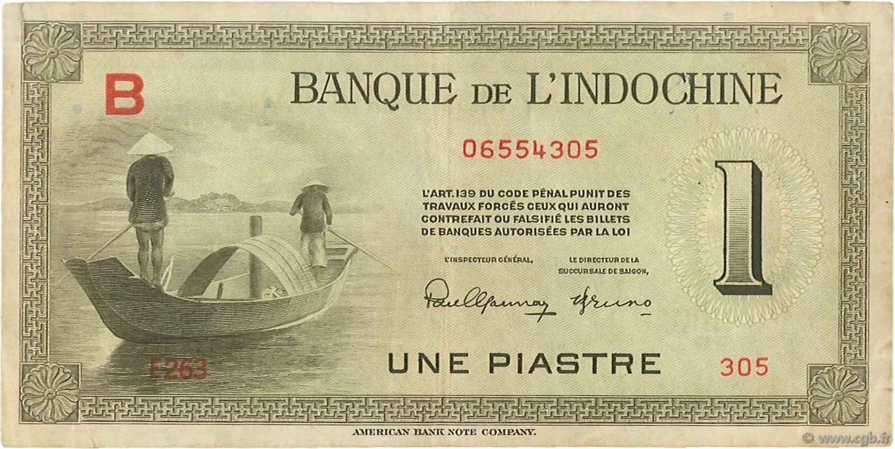 1 Piastre INDOCINA FRANCESE  1945 P.076a BB