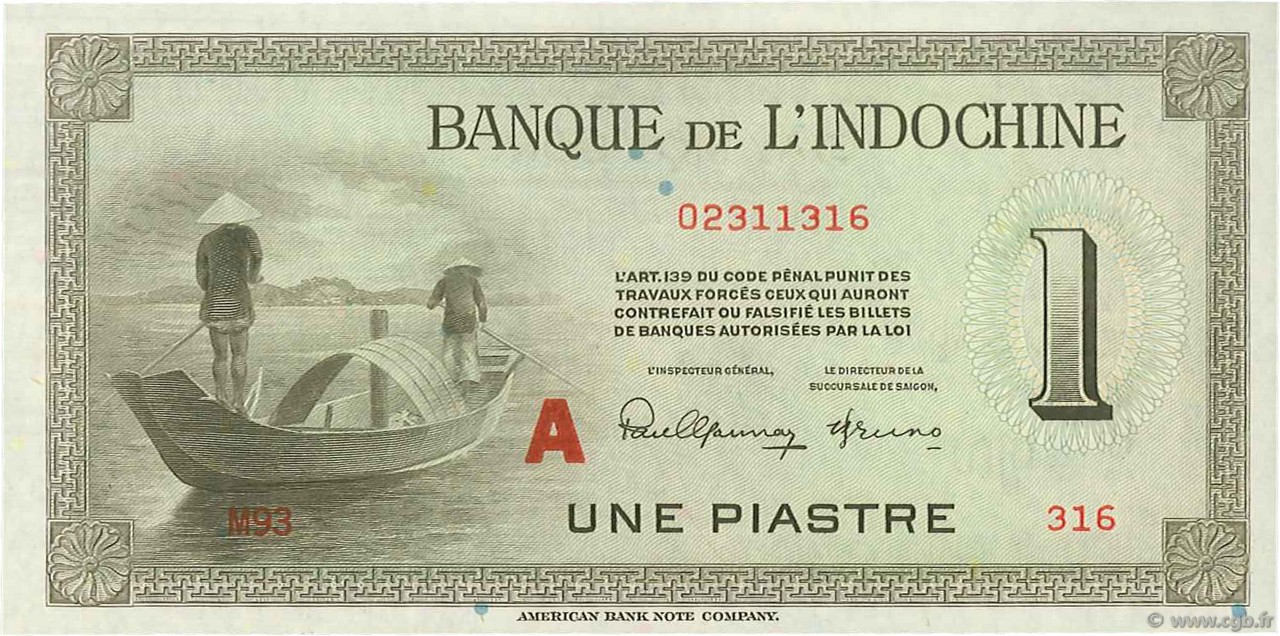 1 Piastre INDOCINA FRANCESE  1945 P.076b FDC
