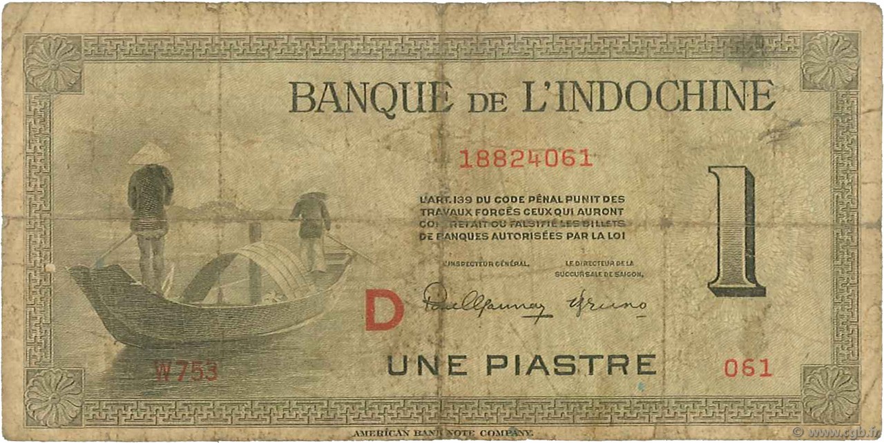 1 Piastre INDOCINA FRANCESE  1945 P.076b B
