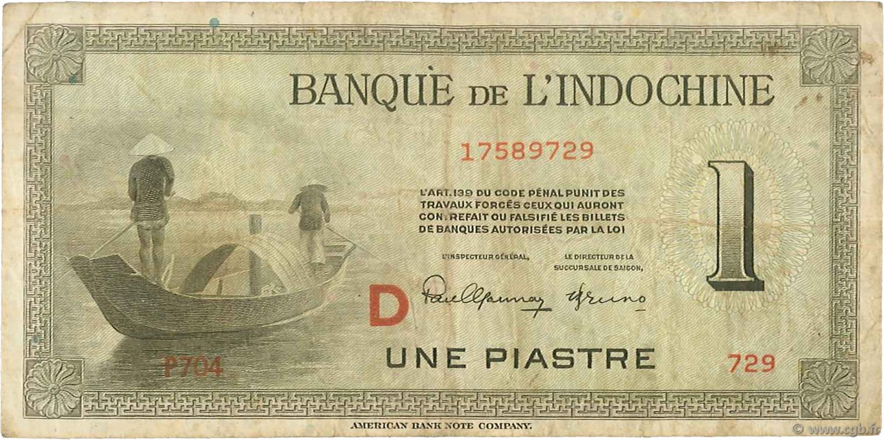 1 Piastre INDOCINA FRANCESE  1945 P.076b MB