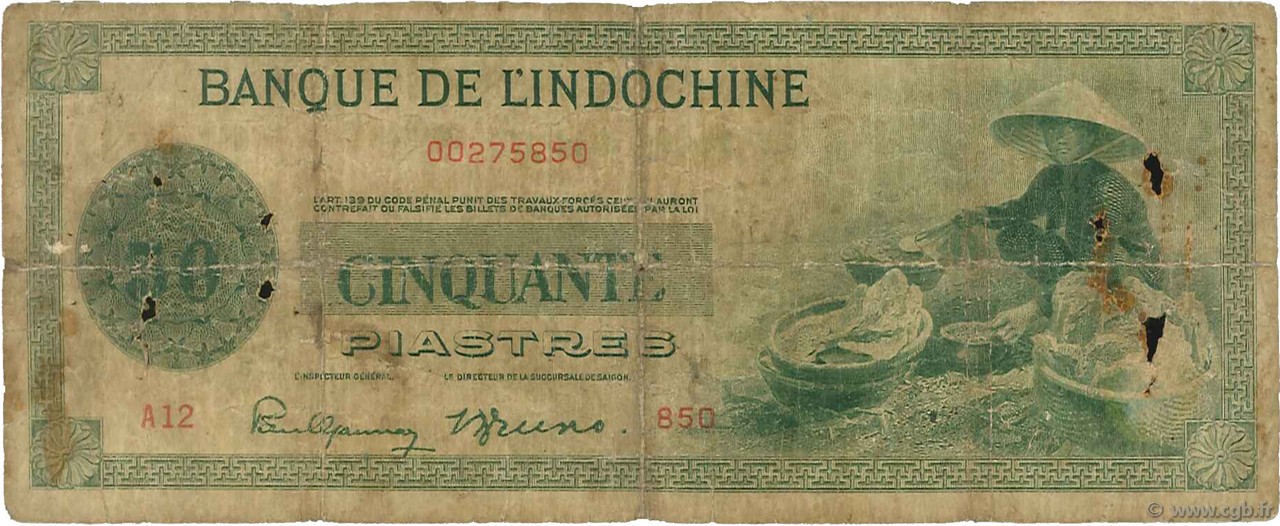 50 Piastres INDOCINA FRANCESE  1945 P.077a q.B
