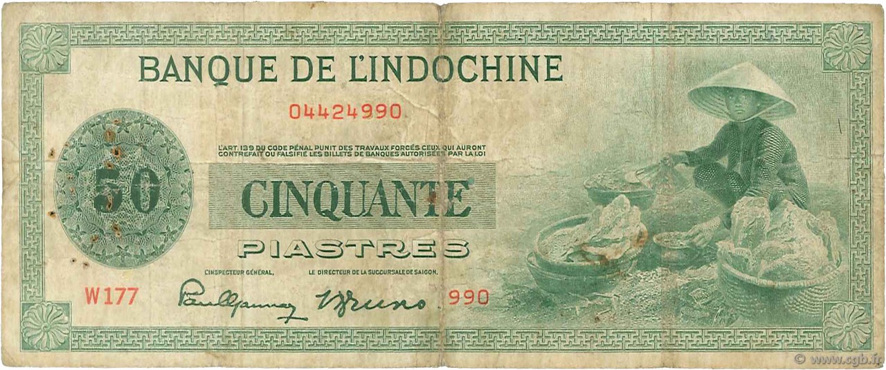50 Piastres INDOCHINE FRANÇAISE  1945 P.077a TB