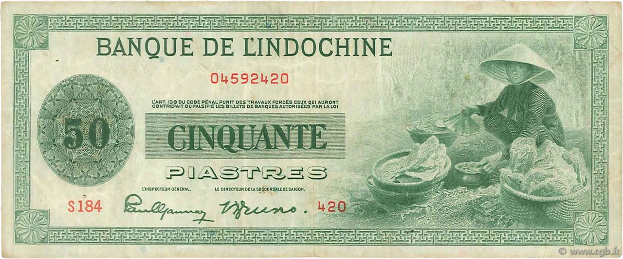 50 Piastres INDOCINA FRANCESE  1945 P.077a q.BB