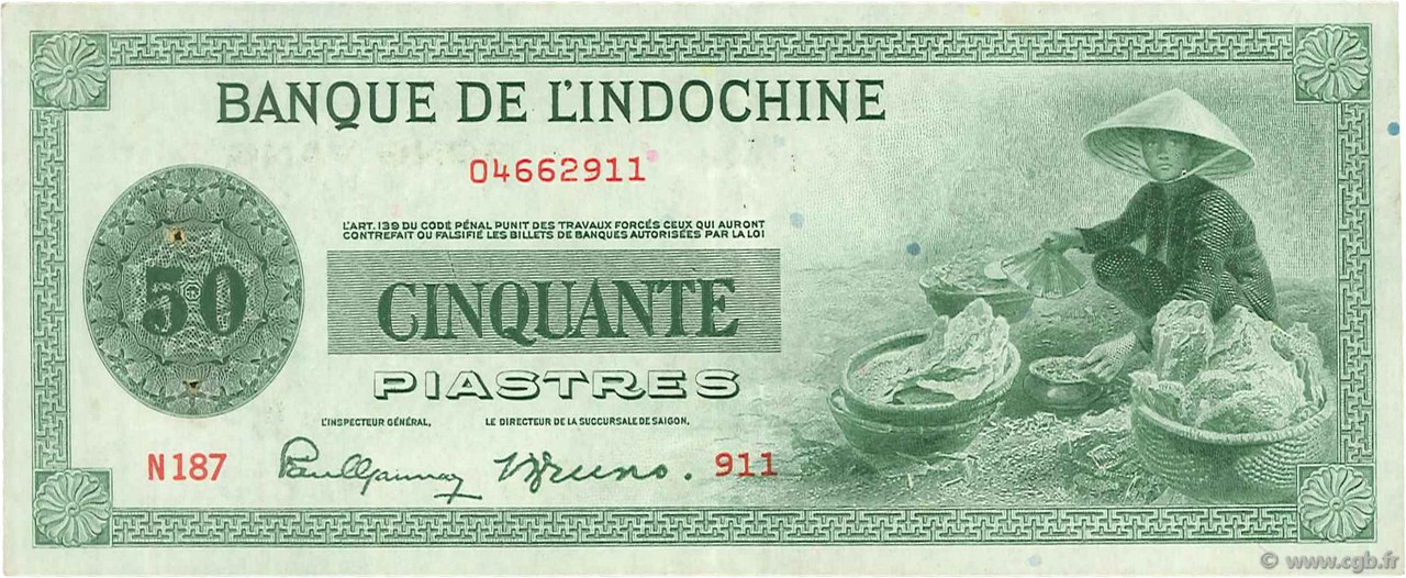 50 Piastres INDOCINA FRANCESE  1945 P.077a q.SPL