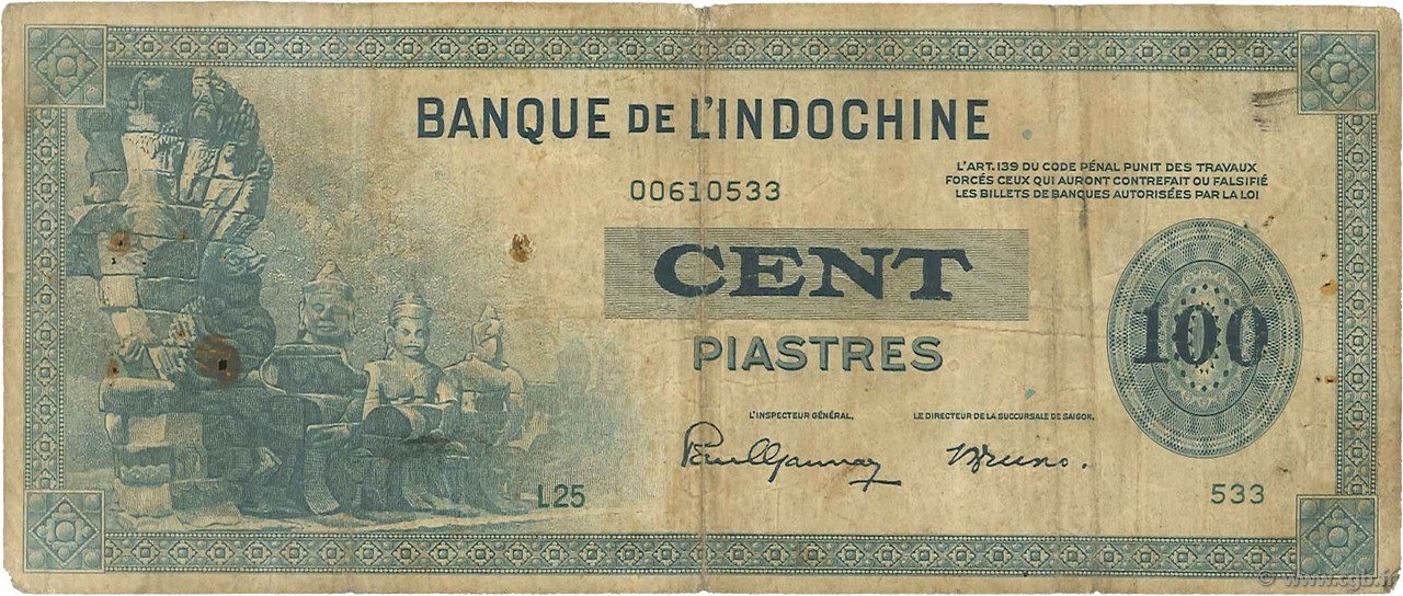 100 Piastres INDOCINA FRANCESE  1945 P.078a B