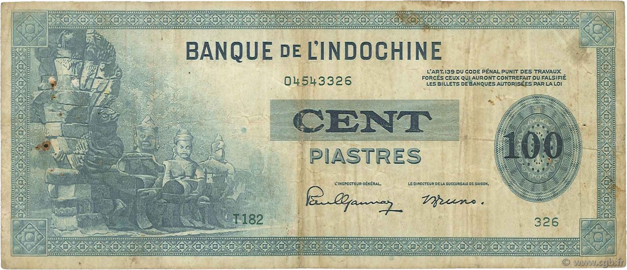100 Piastres FRENCH INDOCHINA  1945 P.078a F-