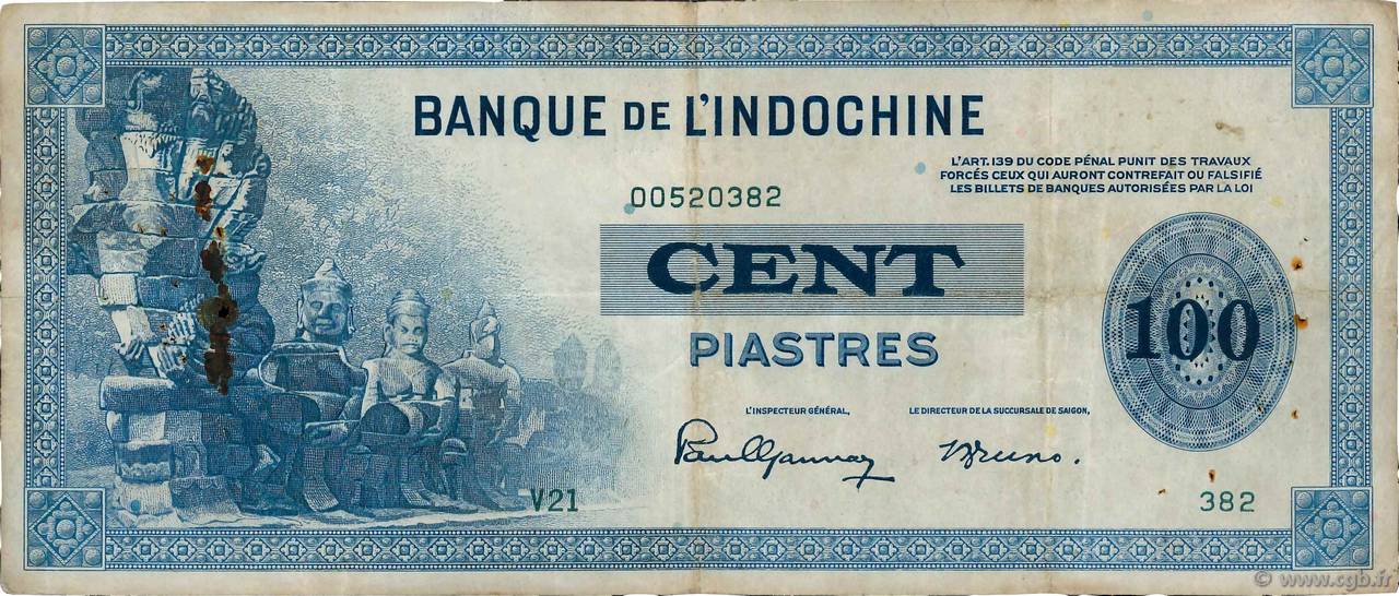 100 Piastres INDOCINA FRANCESE  1945 P.078a q.BB