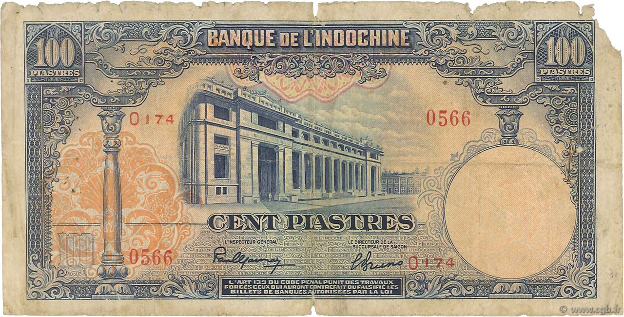 100 Piastres INDOCINA FRANCESE  1946 P.079a q.B