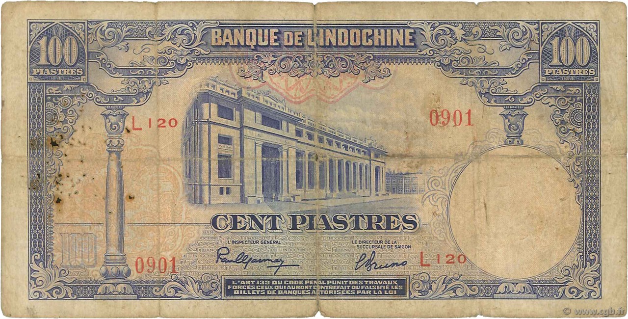 100 Piastres INDOCINA FRANCESE  1946 P.079a B