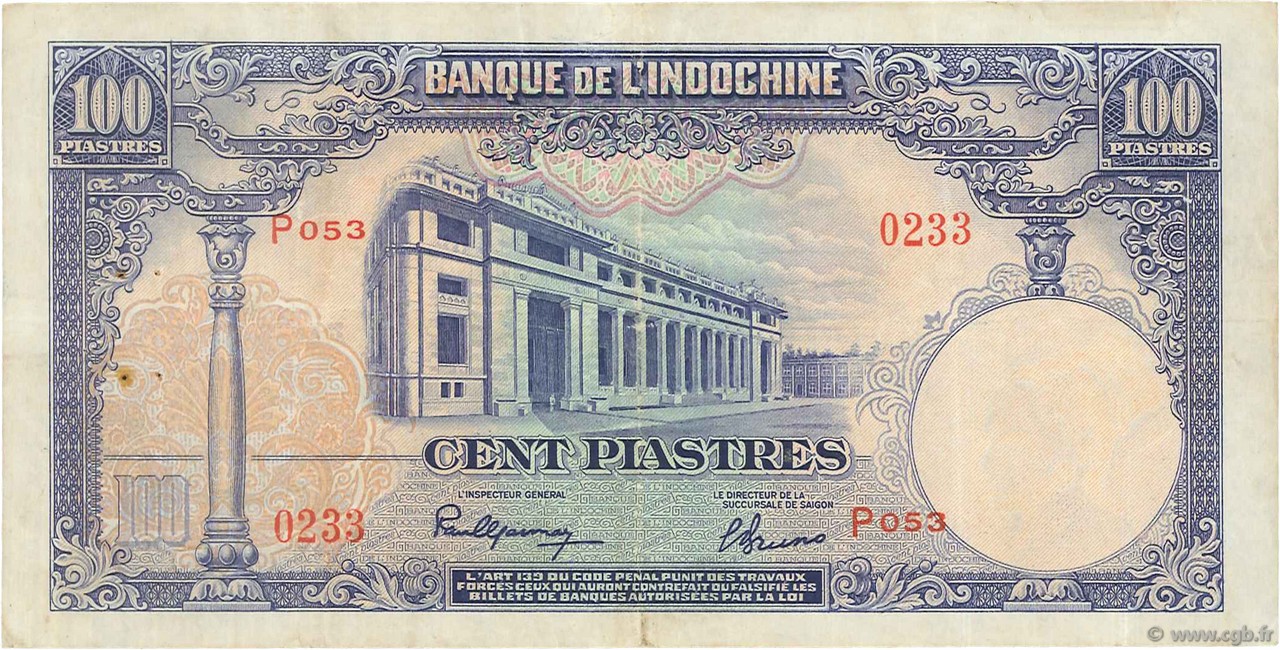 100 Piastres INDOCINA FRANCESE  1946 P.079a q.BB