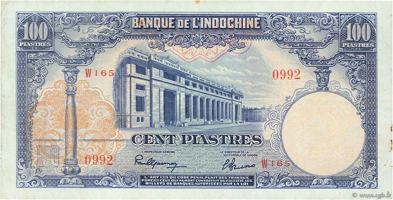 100 Piastres INDOCINA FRANCESE  1946 P.079a BB