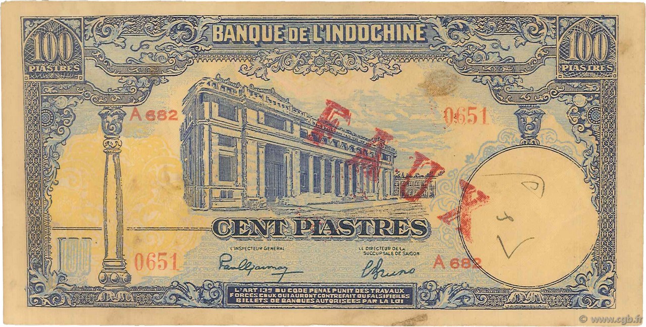 100 Piastres Faux FRENCH INDOCHINA  1946 P.079x VF