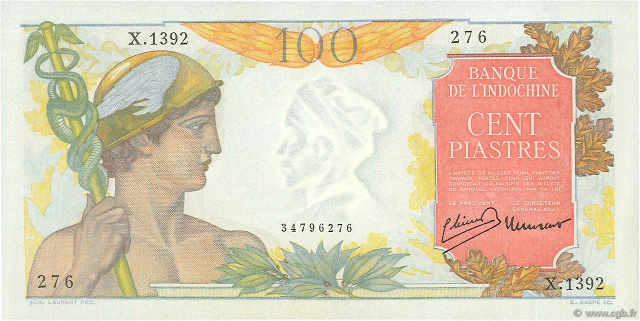 100 Piastres INDOCINA FRANCESE  1947 P.082a AU