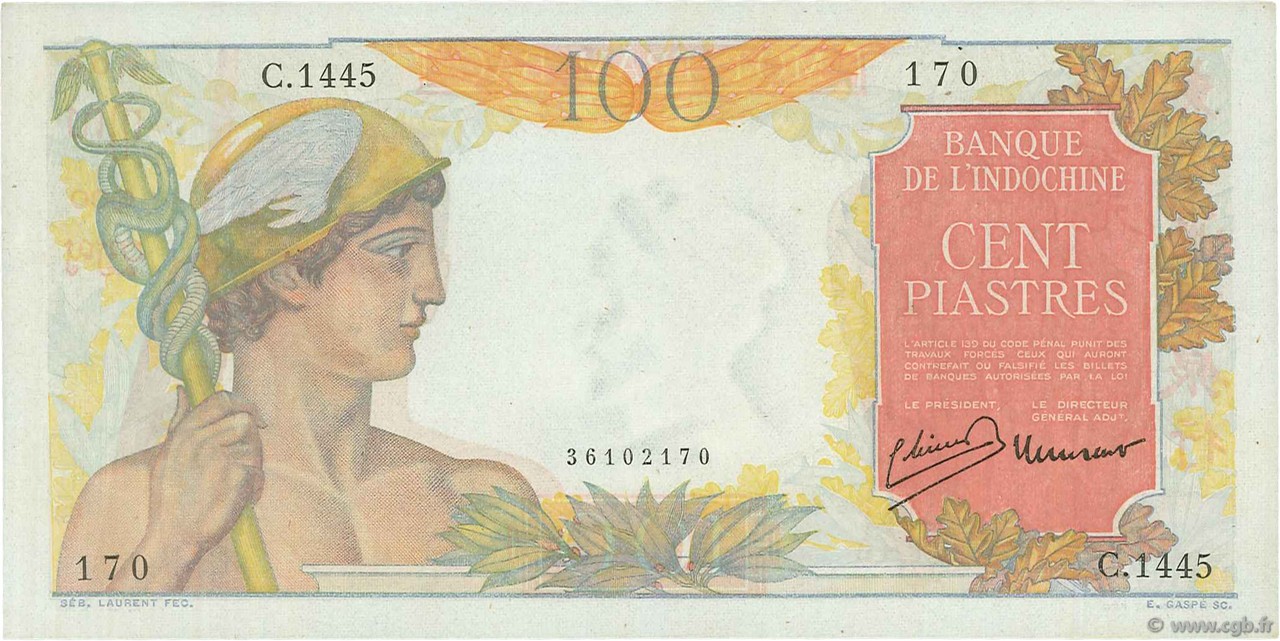 100 Piastres INDOCINA FRANCESE  1947 P.082a q.FDC