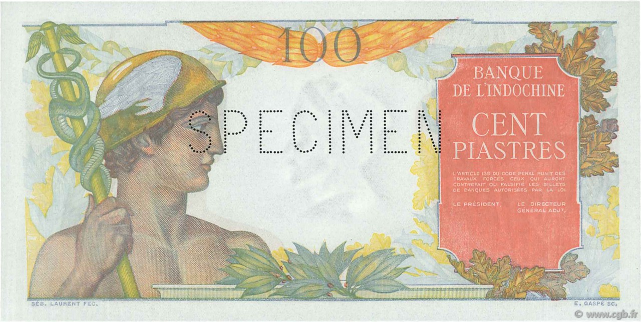 100 Piastres Spécimen INDOCINA FRANCESE  1947 P.082s AU+