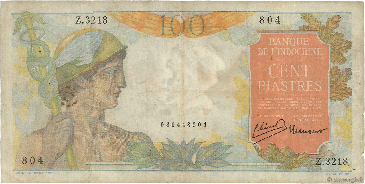 100 Piastres INDOCHINA  1947 P.082b BC