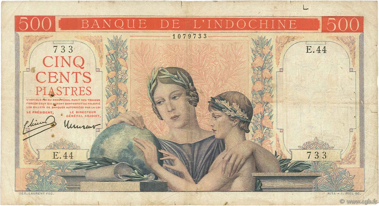500 Piastres INDOCINA FRANCESE  1951 P.083a q.MB