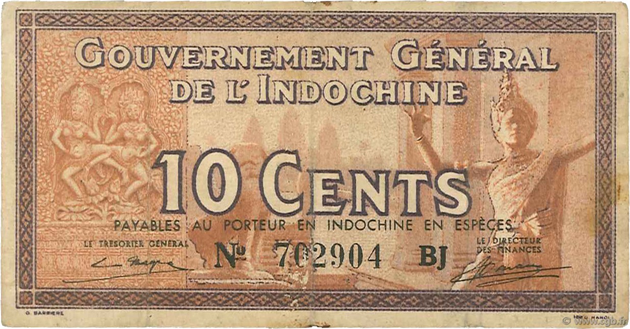 10 Cents FRENCH INDOCHINA  1939 P.085c F+