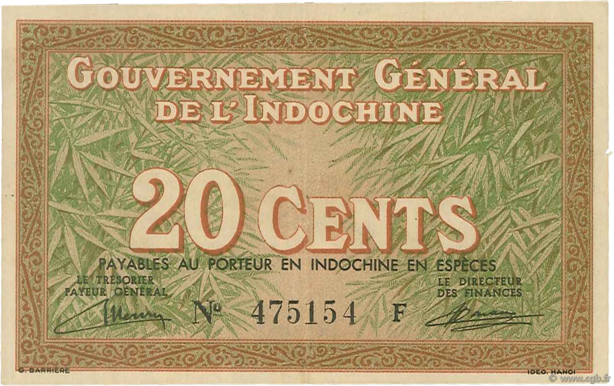 20 Cents FRENCH INDOCHINA  1939 P.086a XF+