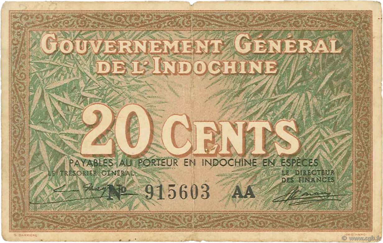 20 Cents INDOCINA FRANCESE  1939 P.086c MB
