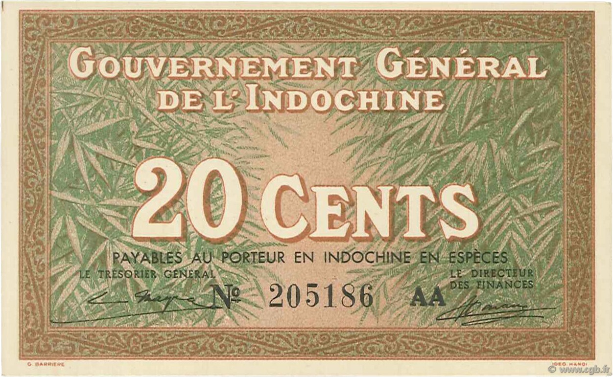 20 Cents INDOCHINE FRANÇAISE  1939 P.086c SPL