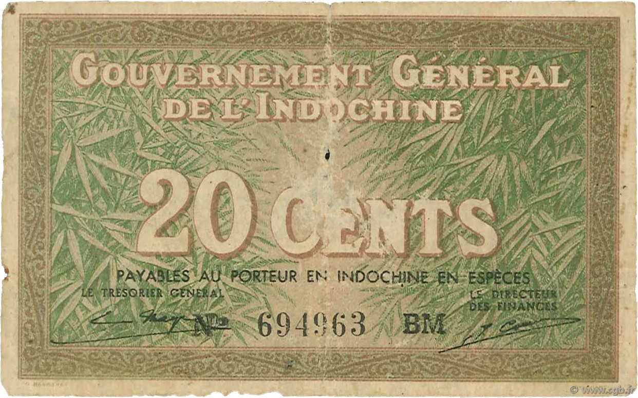 20 Cents INDOCHINA  1939 P.086d RC