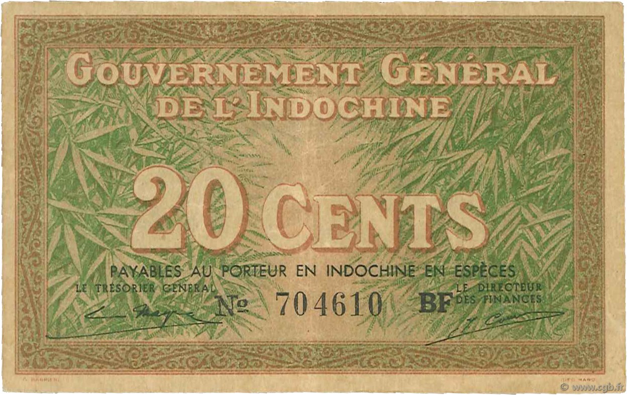 20 Cents FRENCH INDOCHINA  1939 P.086d VF