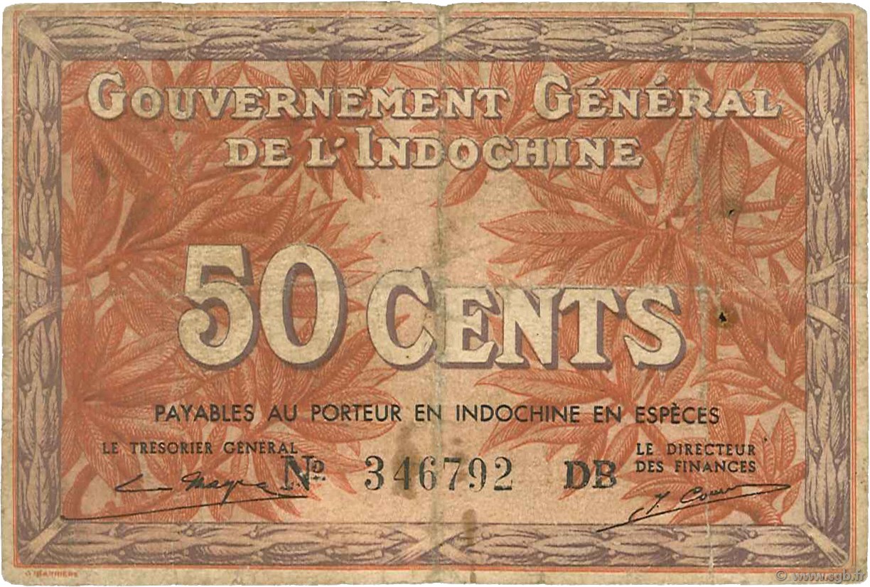 50 Cents FRENCH INDOCHINA  1939 P.087e F