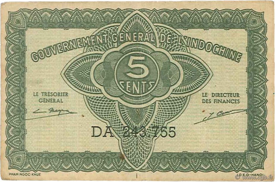 5 Cents FRENCH INDOCHINA  1942 P.088b VF