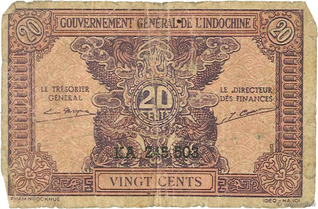 20 Cents INDOCINA FRANCESE  1942 P.090 B
