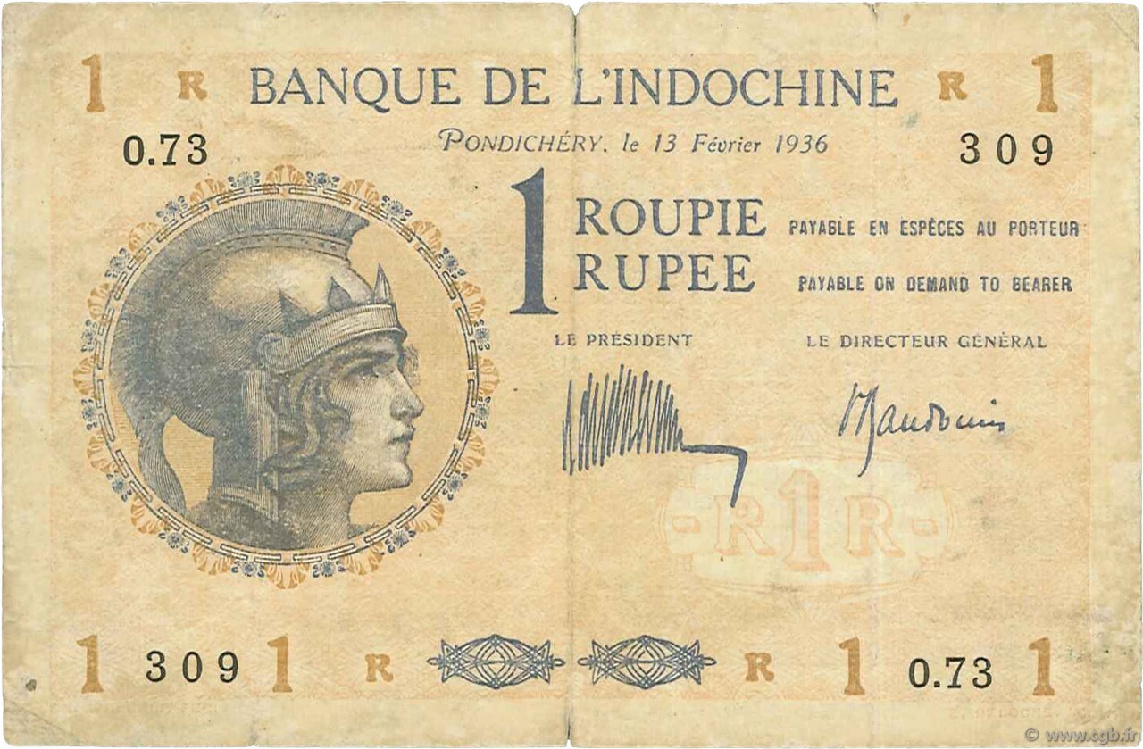 1 Roupie - 1 Rupee INDIA FRANCESA  1936 P.04d RC+