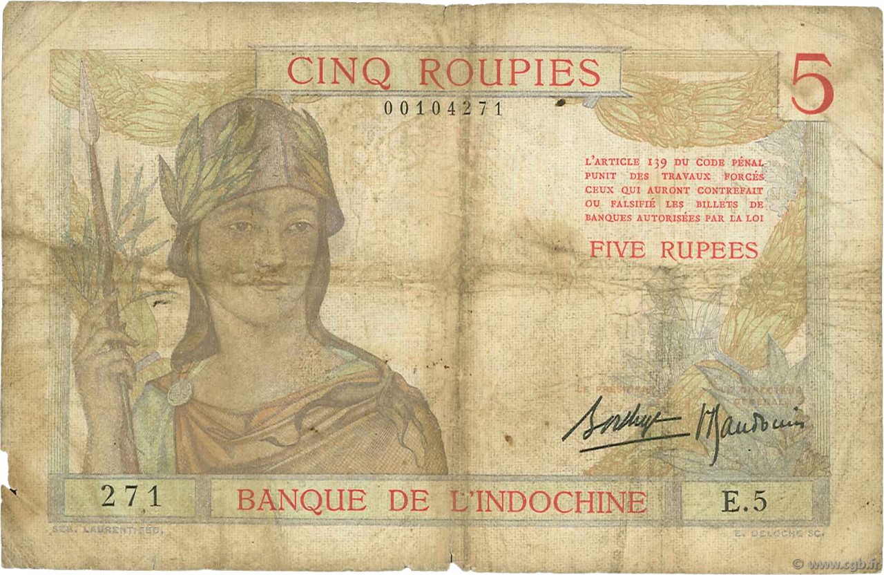 5 Roupies - 5 Rupees FRENCH INDIA  1937 P.05a G
