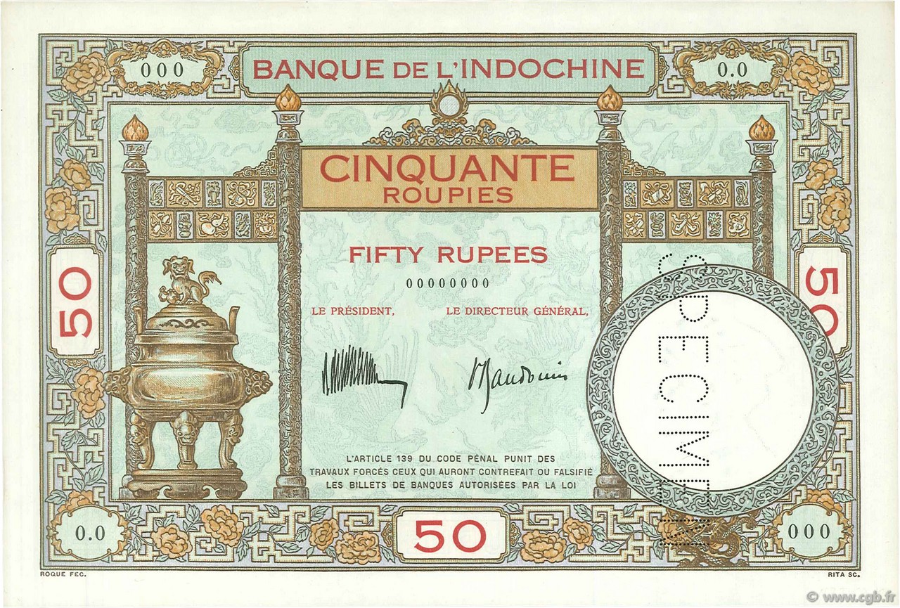 50 Roupies - 50 Rupees Spécimen INDIA FRANCESA  1936 P.07s q.FDC
