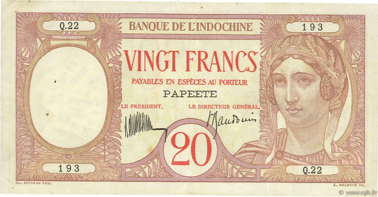 20 Francs TAHITI  1928 P.12b VF