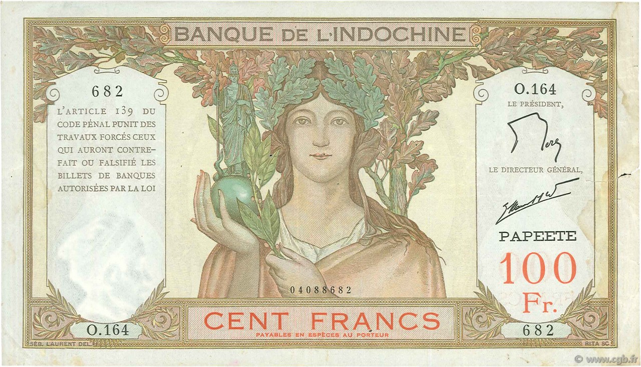 100 Francs TAHITI  1961 P.14d TTB